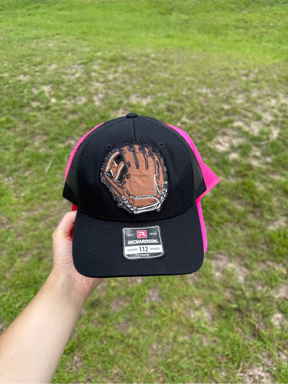 Richardson Youth Trucker Hat with Baseball Glove Patch - Black & Pink